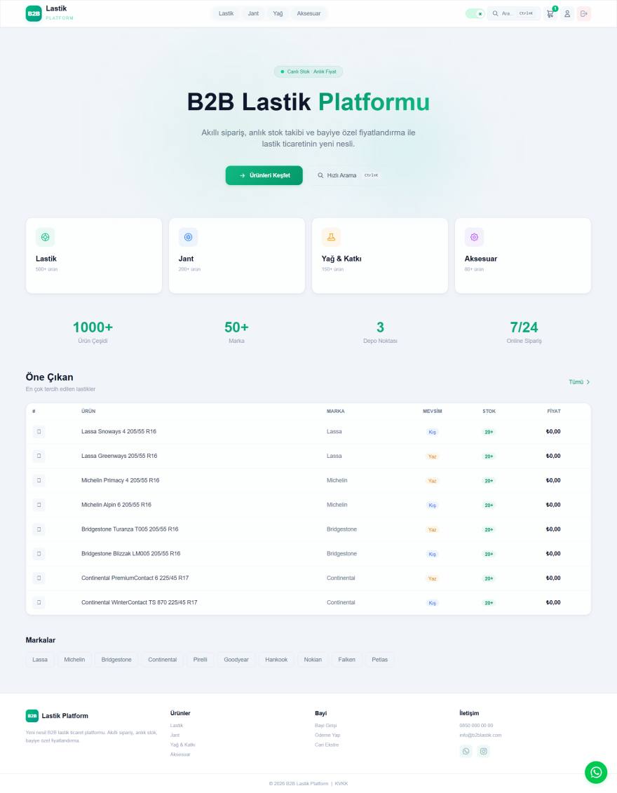 B2B Lastik ve Otomotiv Yedek Parça Platformu arayüz görünümü
